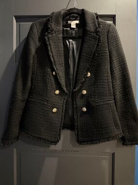 H&M Black Tweed Double-Breasted Blazer with Gold Buttons